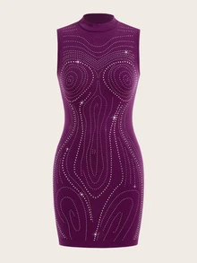 SHEIN ICON Rhinestone Detail Mock Neck Bodycon Dress - Purple - View 3