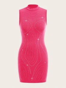 SHEIN ICON Sleeveless Bodycon Dress With Hot Drilling - Hot Pink - View 3