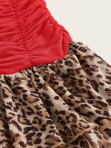SHEIN ICON 修身豹纹褶皱多层下摆抹胸女式连衣裙 - 紅色 - 查看 7