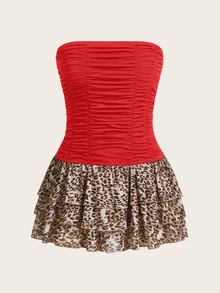 SHEIN ICON 修身豹纹褶皱多层下摆抹胸女式连衣裙 - 紅色 - 查看 3
