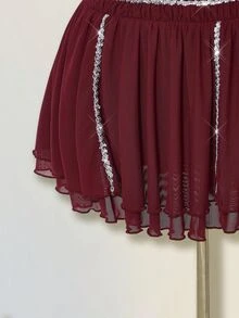 SHEIN ICON Women's Red Sequin Trim Ruched Layered Ruffle Hem Cinched Waist Party Mini Dress - Red - View 6