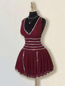 SHEIN ICON Women's Red Sequin Trim Ruched Layered Ruffle Hem Cinched Waist Party Mini Dress - Red - View 4