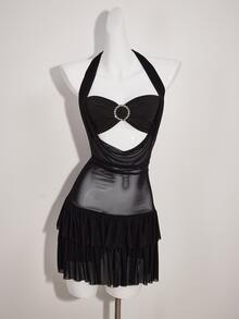 SHEIN ICON Fitted Contrast Mesh Contrast Layered Ruffle Big Lapel Collar Women Dress - Black - View 3
