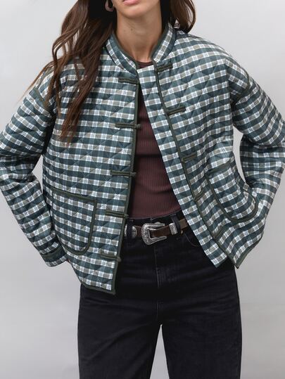 Nöista Green Plaid Quilted Jacket With  And Buttons. Casual, Office Wear, Back To College, Day To Night. Travel, Fall, Autumn Winter Women's Jacket..