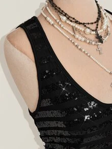 SHEIN ICON 亮片刺绣吊带迷你连衣裙 - 黑色 - 查看 7