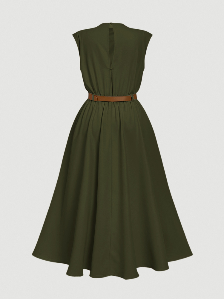 SHEIN MOD Plus Size Women Solid Color Sleeveless Dress, Elegant Office Dress(With Belt)Dress Green Vintage Olive Summer Outfits Casual Christmas Outfit - Army Green - View 5