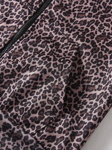 SHEIN Sparklyn 青少年女孩時尚龐克前拉鍊連帽豹紋運動外套，休閒日常穿著，校園、春/秋季、度假灰色豹紋 - 棕色 - 查看 7