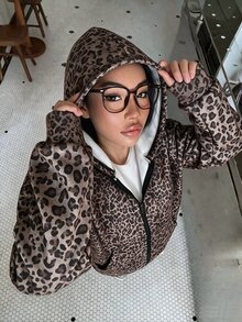 SHEIN Sparklyn 青少年女孩時尚龐克前拉鍊連帽豹紋運動外套，休閒日常穿著，校園、春/秋季、度假灰色豹紋 - 棕色 - 查看 2
