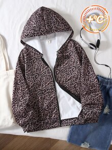 SHEIN Sparklyn 青少年女孩時尚龐克前拉鍊連帽豹紋運動外套，休閒日常穿著，校園、春/秋季、度假灰色豹紋 - 棕色 - 查看 9