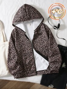 SHEIN Sparklyn 青少年女孩時尚龐克前拉鍊連帽豹紋運動外套，休閒日常穿著，校園、春/秋季、度假灰色豹紋 - 棕色 - 查看 10