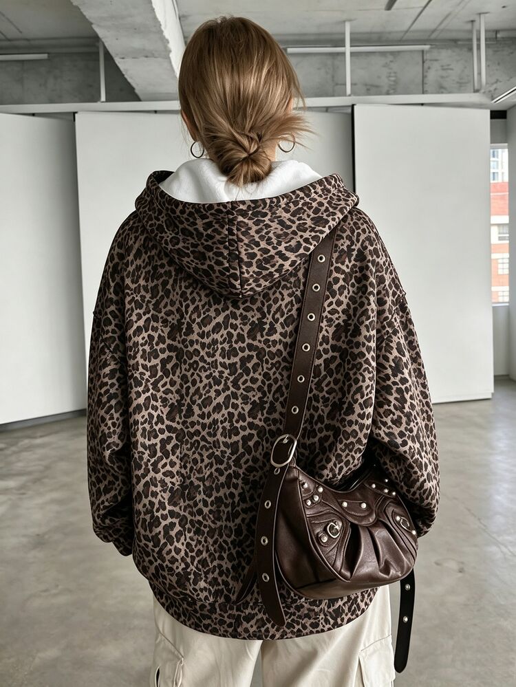 SHEIN Sparklyn Tween Girl Fashion Punk Zipper Front Hooded Leopard Print Sweatshirt Jacket, Casual Daily Wear, Campus, Spring/Autumn, Vacation Grey Leopard Print - Brown - View 12