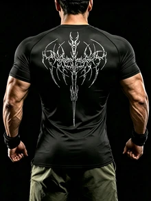 Gym Rark Men's Gothic Letter Print Round Neck Raglan Sleeve Compression Shirt,Black Summer Goth Gym Sport T-Shirt Workout Top Breathable Fitted Lightweight - Black - View 3