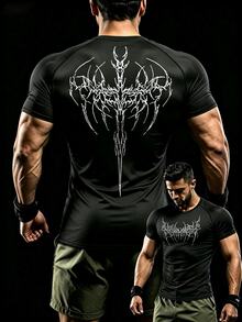 Gym Rark Men's Gothic Letter Print Round Neck Raglan Sleeve Compression Shirt,Black Summer Goth Gym Sport T-Shirt Workout Top Breathable Fitted Lightweight - Black - View 1