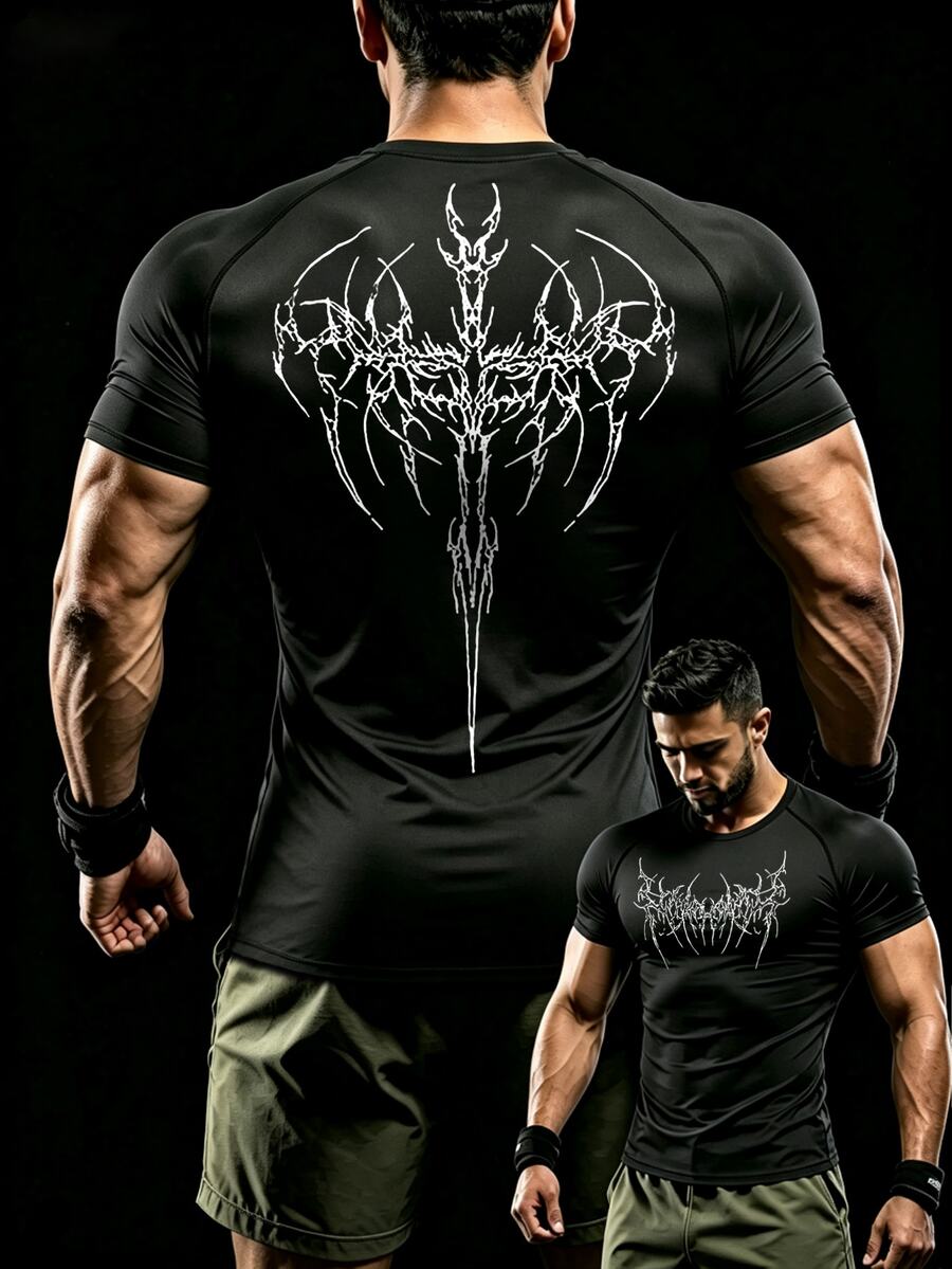 Gym Rark Men's Gothic Letter Print Round Neck Raglan Sleeve Compression Shirt,Black Summer Goth Gym Sport T-Shirt Workout Top Breathable Fitted Lightweight - Black - View 1