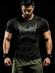 Gym Rark Men's Gothic Letter Print Round Neck Raglan Sleeve Compression Shirt,Black Summer Goth Gym Sport T-Shirt Workout Top Breathable Fitted Lightweight - Black - View 2