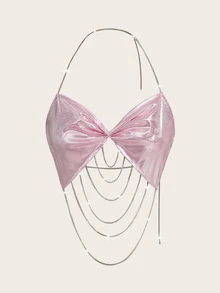 SHEIN ICON 扭結細節鍊條裝飾露背無袖上衣 - 粉色 - 查看 1