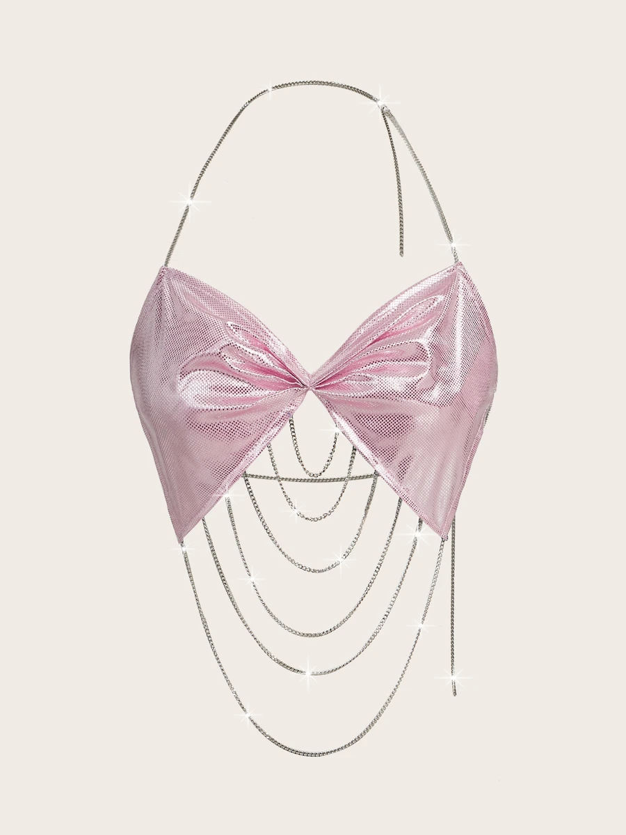 SHEIN ICON 扭結細節鍊條裝飾露背無袖上衣 - 粉色 - 查看 1