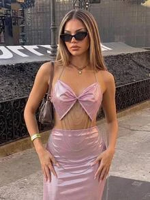 SHEIN ICON 扭結細節鍊條裝飾露背無袖上衣 - 粉色 - 查看 3