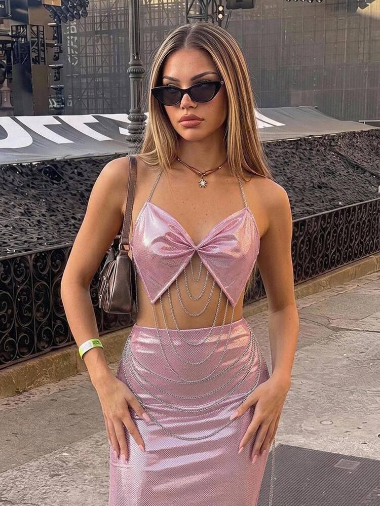 SHEIN ICON Twist Detail Chain Decorated Halter Backless Top - Pink - View 3