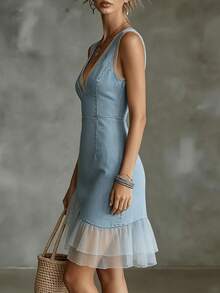 SHEIN Franclia Women's Summer Fashionable Casual Vacation Designed Denim Effect Patchwork Mesh Sleeveless Dress - Blue - View 3