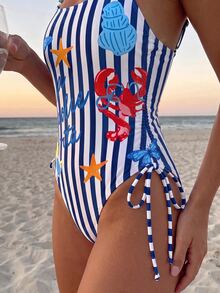 SHEIN Swim 女款條紋字母印花連身泳衣，適合海灘度假、泳池派對、海灘派對 - 彩色 - 查看 3