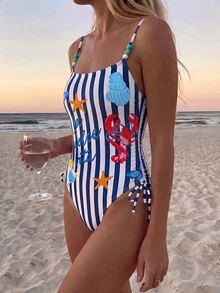 SHEIN Swim 女款條紋字母印花連身泳衣，適合海灘度假、泳池派對、海灘派對 - 彩色 - 查看 4