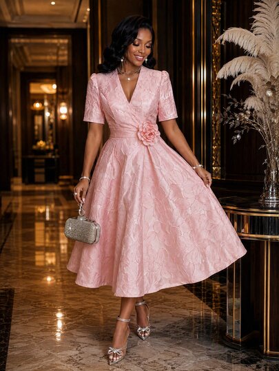 SHEIN Lady Women's Elegant Party Jacquard 3D Floral Decor Dress