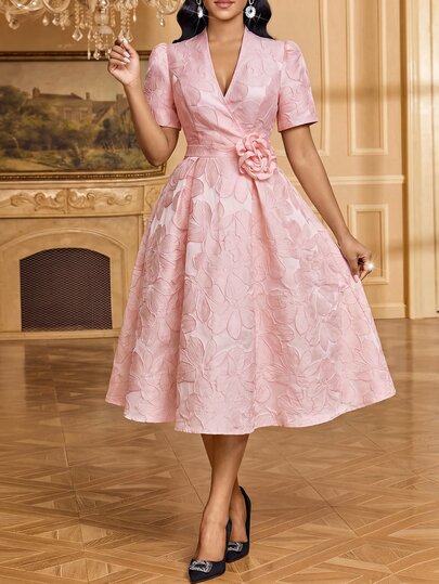 SHEIN Lady Women's Elegant Party Jacquard 3D Floral Decor Dress