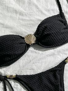 Swim Chiccia Women's Summer Beach Outfits, Solid Color Jacquard Fabric Spaghetti Strap Sexy Bikini Set With Shell Metal Decor - Black - View 6
