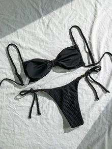 Swim Chiccia Women's Summer Beach Outfits, Solid Color Jacquard Fabric Spaghetti Strap Sexy Bikini Set With Shell Metal Decor - Black - View 2