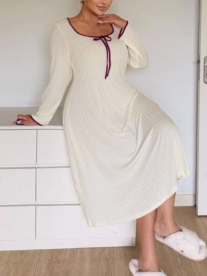 Napfluff CURVE Napfluff CURVE Plus Size Women's Knitted Jacquard Front Tie Bow Loungewear Nightgown