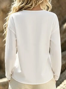 SHEIN LUNE Blus Renda Warna Polos Baru untuk Wanita, Warna Putih, Gaya Kasual Musim Panas Boho untuk Liburan. - Putih - View 2