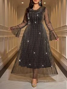 SHEIN Clasi Plus Size Elegant Sequin Bell Sleeve Dress Fall - Multicolor - View 9