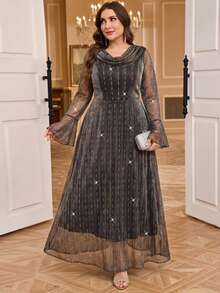 SHEIN Clasi Plus Size Elegant Sequin Bell Sleeve Dress Fall - Multicolor - View 2