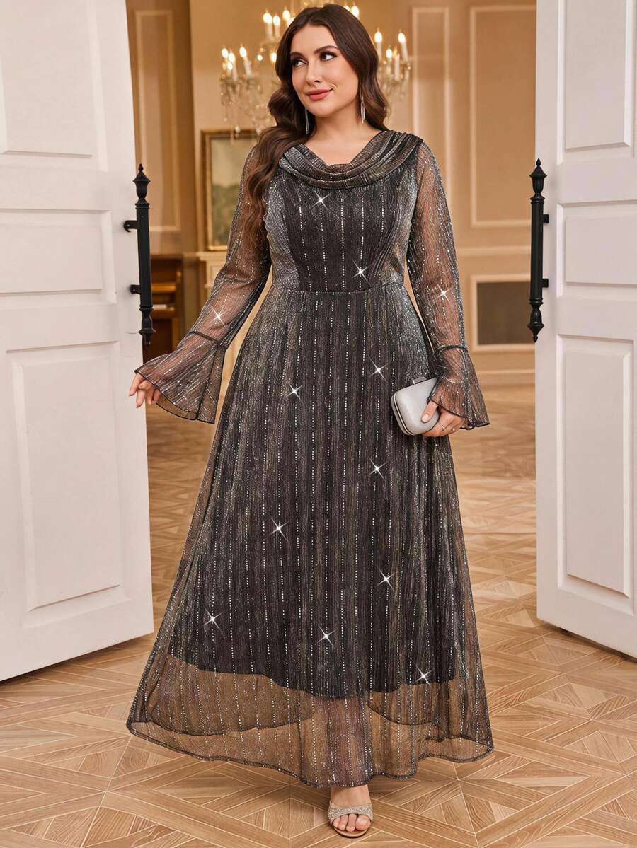 SHEIN Clasi Plus Size Elegant Sequin Bell Sleeve Dress Fall