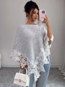 SHEIN Elenzya Selendang Rajut Elegan Bergaya Vintage Musim Semi/Gugur dengan Hiasan Renda, Leher Perahu, Hem Segitiga Asimetris, Penutup Longgar, Cocok untuk Pakaian Sehari-hari, Kencan, Pesta, dan Pemakaian Berlapis, Sweater Wanita Serbaguna - Grey - View 6