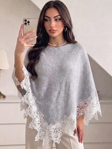 SHEIN Elenzya Selendang Rajut Elegan Bergaya Vintage Musim Semi/Gugur dengan Hiasan Renda, Leher Perahu, Hem Segitiga Asimetris, Penutup Longgar, Cocok untuk Pakaian Sehari-hari, Kencan, Pesta, dan Pemakaian Berlapis, Sweater Wanita Serbaguna - Grey - View 8