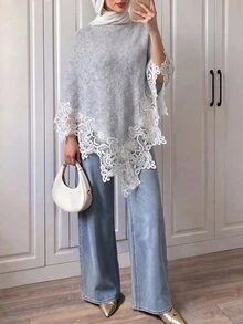 SHEIN Elenzya Selendang Rajut Elegan Bergaya Vintage Musim Semi/Gugur dengan Hiasan Renda, Leher Perahu, Hem Segitiga Asimetris, Penutup Longgar, Cocok untuk Pakaian Sehari-hari, Kencan, Pesta, dan Pemakaian Berlapis, Sweater Wanita Serbaguna - Grey - View 7