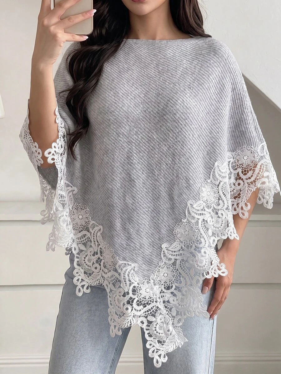 SHEIN Elenzya Selendang Rajut Elegan Bergaya Vintage Musim Semi/Gugur dengan Hiasan Renda, Leher Perahu, Hem Segitiga Asimetris, Penutup Longgar, Cocok untuk Pakaian Sehari-hari, Kencan, Pesta, dan Pemakaian Berlapis, Sweater Wanita Serbaguna - Grey - View 1