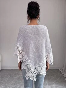SHEIN Elenzya Selendang Rajut Elegan Bergaya Vintage Musim Semi/Gugur dengan Hiasan Renda, Leher Perahu, Hem Segitiga Asimetris, Penutup Longgar, Cocok untuk Pakaian Sehari-hari, Kencan, Pesta, dan Pemakaian Berlapis, Sweater Wanita Serbaguna - Grey - View 2