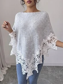 SHEIN Elenzya Selendang Rajut Elegan Bergaya Vintage Musim Semi/Gugur dengan Hiasan Renda, Leher Perahu, Hem Segitiga Asimetris, Penutup Longgar, Cocok untuk Pakaian Sehari-hari, Kencan, Pesta, dan Pemakaian Berlapis, Sweater Wanita Serbaguna - Grey - View 5