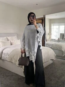 SHEIN Elenzya Selendang Rajut Elegan Bergaya Vintage Musim Semi/Gugur dengan Hiasan Renda, Leher Perahu, Hem Segitiga Asimetris, Penutup Longgar, Cocok untuk Pakaian Sehari-hari, Kencan, Pesta, dan Pemakaian Berlapis, Sweater Wanita Serbaguna - Grey - View 3