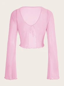 SHEIN ICON Women's Solid Color Simple Daily Mesh Long Sleeve Top - Pink - View 2