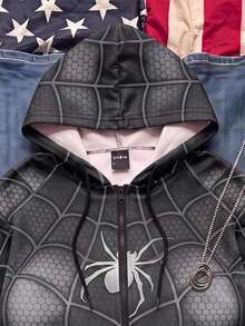 SHEIN EZwear 複合黑色與灰色蜘蛛印花拉鍊連帽衫，附抽繩，適合日常通勤、派對、秋冬/夏季、聖誕節、新年、感恩節、派對、婚禮、海灘、畢業典禮、優雅、外出、約會、通勤、情人節、優雅、度假、Y2K、畢業典禮及其他場合，萬聖節穿搭 - 彩色 - 查看 5
