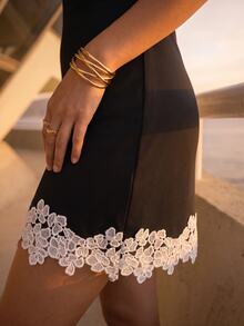 CAJUNI Women's Lace Patchwork Casual Sexy Daily Night Out Summer Spaghetti Strap Black Dress - Black and White - View 6