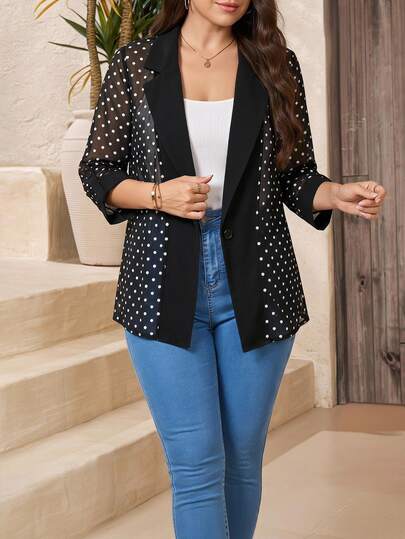 Comfylo Plus Size Women's Polka Dot Single Button Casual Elegant Business Casual Versatile Commute Travel Blazer Autumn Office Evening Formal