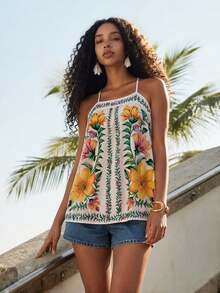 CAJUNI Women's Floral Print Fashion Camisole Top For Vacation - Multicolor - View 3