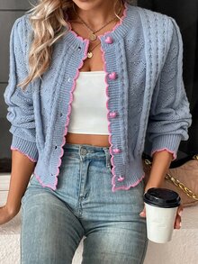SHEIN PariChic Cárdigan con botones y ribete contrastante, blusa de manga larga - Gris - Ver 2