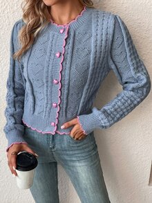 SHEIN PariChic Cárdigan con botones y ribete contrastante, blusa de manga larga - Gris - Ver 6