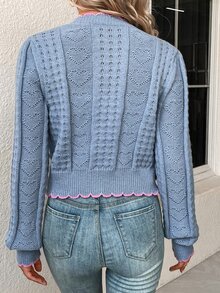 SHEIN PariChic Cárdigan con botones y ribete contrastante, blusa de manga larga - Gris - Ver 3